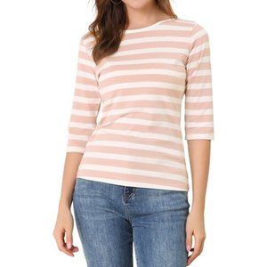 Women's Elbow Sleeves Top Round Neck Slim Fit Tee Print T-Shirt Pink White